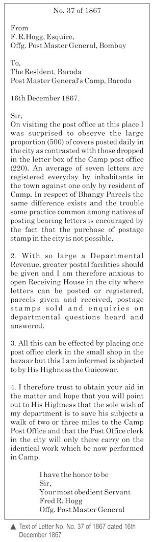 Letter from Offg Postmaster Gujarat to Asst. Resident Baroda