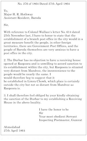 Letter from Inspg. Postmaster Gujarat to Asst. Resident Baroda