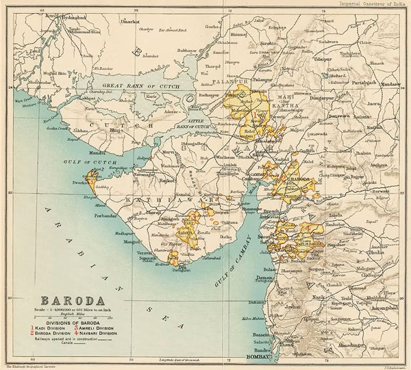 Map of Baroda State with Divisions, 1909