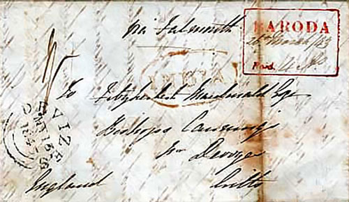Early “Postage Paid” Postmark of Baroda dated 26th March 1843